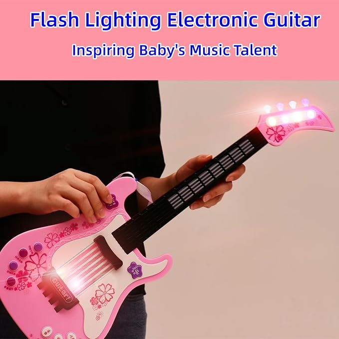 Kids Toddler Baby Childrens Electric Toy Guitar with Strap Ideal for 3 4 5 7 8 Year Old Boys Girls Gifts(Pink)