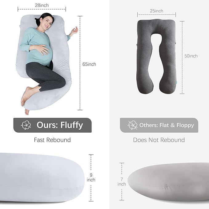 MOON PARK Pregnancy Pillows for Sleeping - U Shaped Full Body Maternity Pillow with Removable Cover - Support for Back, Legs, Belly, HIPS - 65 Inch - Light Grey