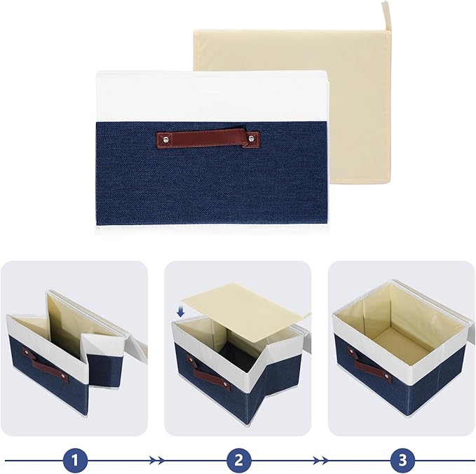 ANMINY Storage Boxes with Lids Washable Decorative Storage Bins Basket with PU Leather Handle Foldable Linen Fabric Storage Cubes Containers for Home Closet Organizer - Deep Blue White, Small Size