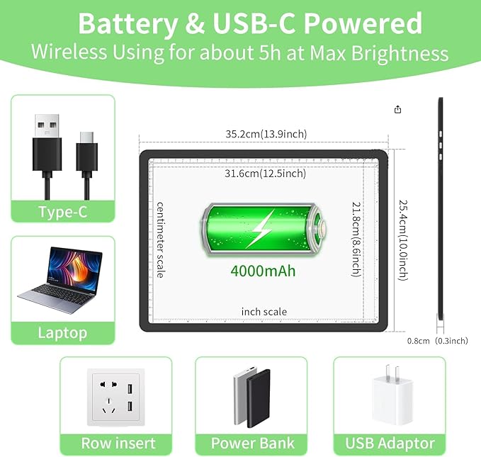 KOBAIBAN A4 Magnetic Light Box with Bag, Rechargeable Diamond Art Light Board with Side Physical Buttons, 3 Color Light Modes Super Bright Light Pad Light Table for Tracing, Drawing, Sketching (Black)