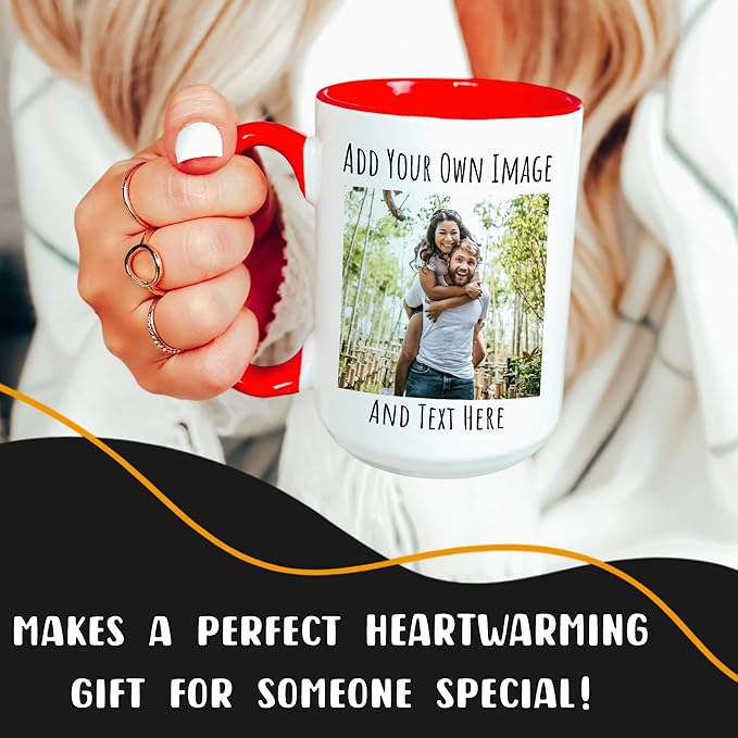 Personalized Coffee Mug 15 Oz, Custom Picture Text or Logo Ceramic Mug, Customized Gift for Men & Women, Taza Personalizada with Photo and Words, Customizable Large Tea Cup | White - Red