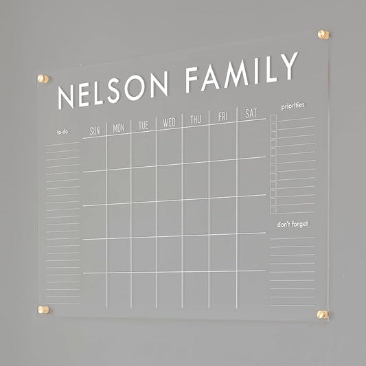 Personalized Clear Acrylic Calendar for Wall, Calendar Whiteboard for Wall, Dry Erase Wall Calendar, Wall Calendar Organizer System for Home (Block, White, 38"W x 26"H)
