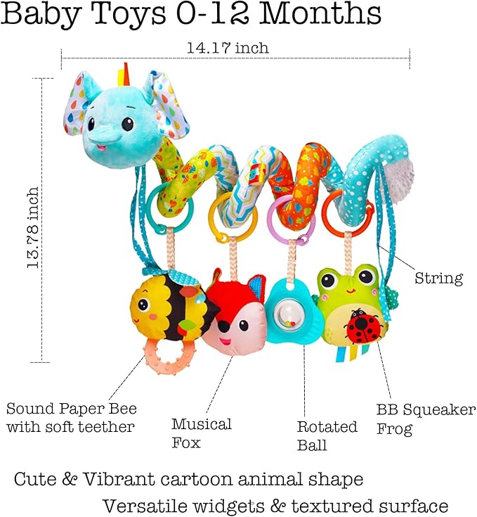 Stroller Toys, Car Seat Toys for Babies Infants 0-6 Months, Activity Spiral Plush Hanging Toy Gift for Baby Boys and Girls 0 3 6 12 Months Newborn Sensory Toy with Rattles Squeaker Music -Blue