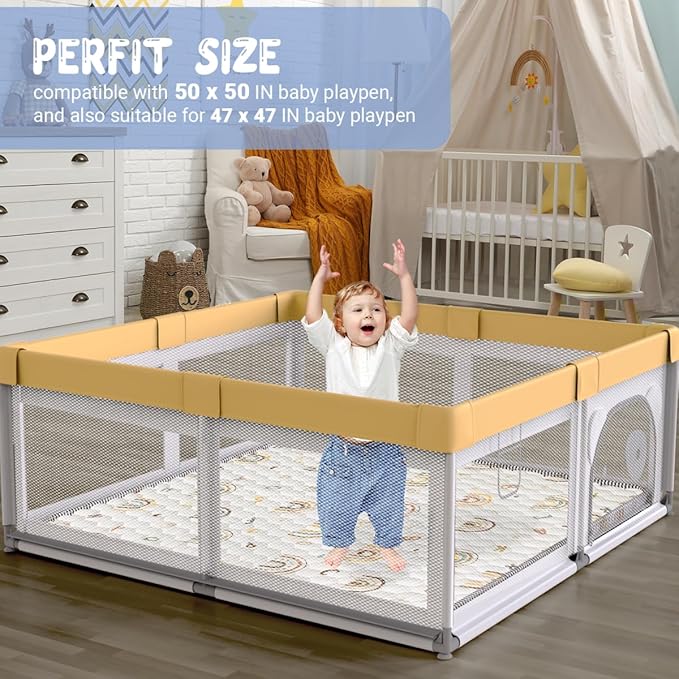 Boho Rainbow Baby Play Mat 50" X 50" Playpen Mat Thicken One-Piece Baby Crawling Mat Non-Slip Cushioned Baby Floor Mat with Lettters, Activity Playmats for Infants, Babies, Toddlers (50X50,Beige)