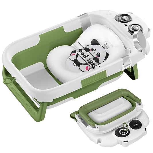Foldable Baby Bathtub, Lightweight Bathtub for Infants to Toddlers with Soft Cushion & Thermometer, Portable Baby Tub Newborn to Toddler 0-36 Months(Green)