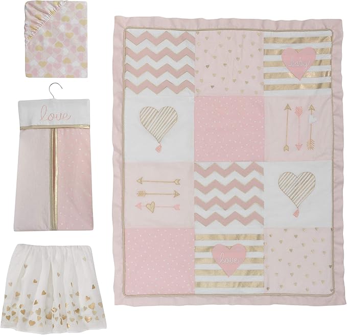 Lambs & Ivy Baby Love Pink/Gold Girl Heart 4 Piece Crib Bedding Set