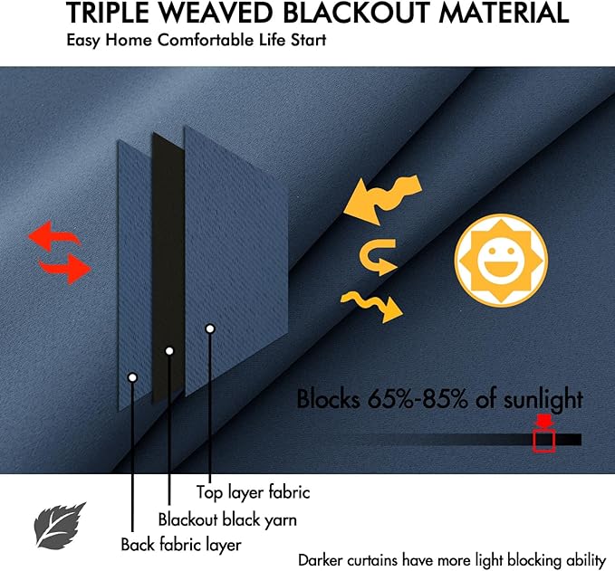 ANRODUO Back Tab Blackout Curtains for Bedroom Living Room, Rod Pocket Pinch Pleated Thermal Insulated Room Darkening Curtains 90 Inches Long 2 Panels, Stone Blue, 42 x 90 Inch