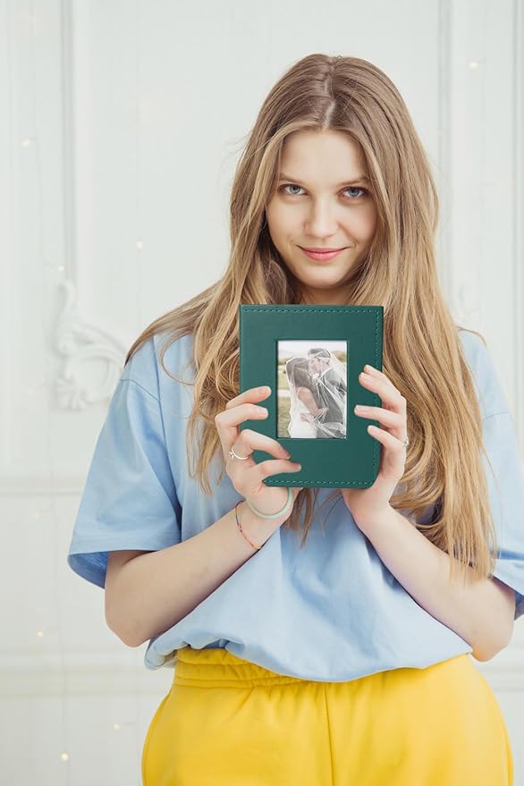 RECUTMS Small Photo Album 4x6 Photos - 52 Photos Small Mini Capacity Premium Leather Cover with Front Window, Mini Book Photo Books for Weddings Family (Dark Green)