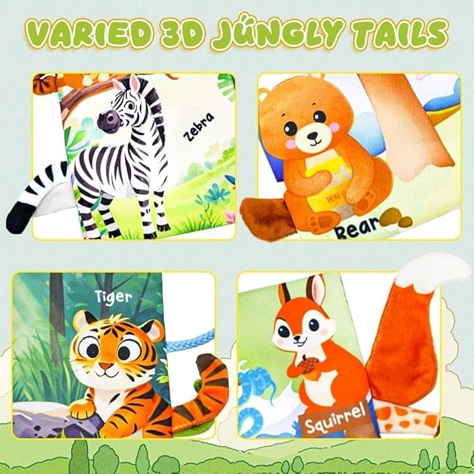 Baby Toys 0-6 Month, Crinkle Books for Babies, Jungle Tails Soft Baby Cloth Books 6 to 12 Months with 10 Pcs Jungle Animal Finger Puppets, Infant Tummy Time Sensory Toys, Newborn Gifts for Boys Girls