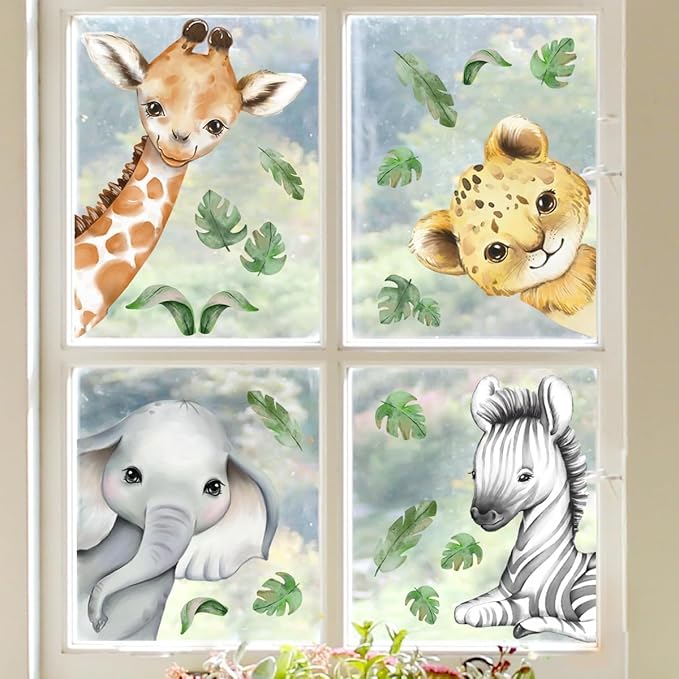 22.44 x 21.25 Inch Watercolor Jungle Animal Window Clings Tiger Lion Elephant Zebra Window Stickers Double-Side Safari Animal Window Stickers for Baby Nursery Playroom Bedroom Window Glass Wall Decor