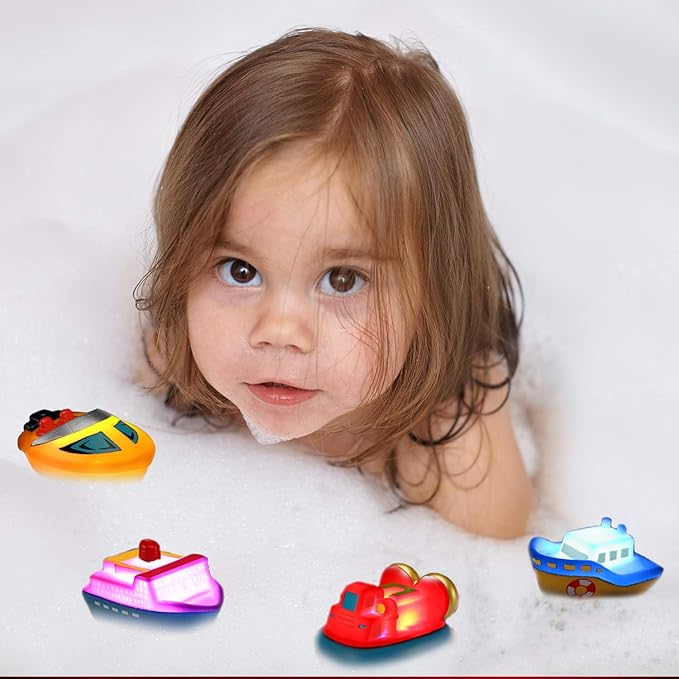 Bath Toys, 6 Packs Light up Boat Floating Rubber Set, Flashing Color Changing Light in Water, Tub Gift for Baby Infant Toddler Child Kid, Bathtub Ship Toy for Bathroom Shower Game Swimming Pool Party