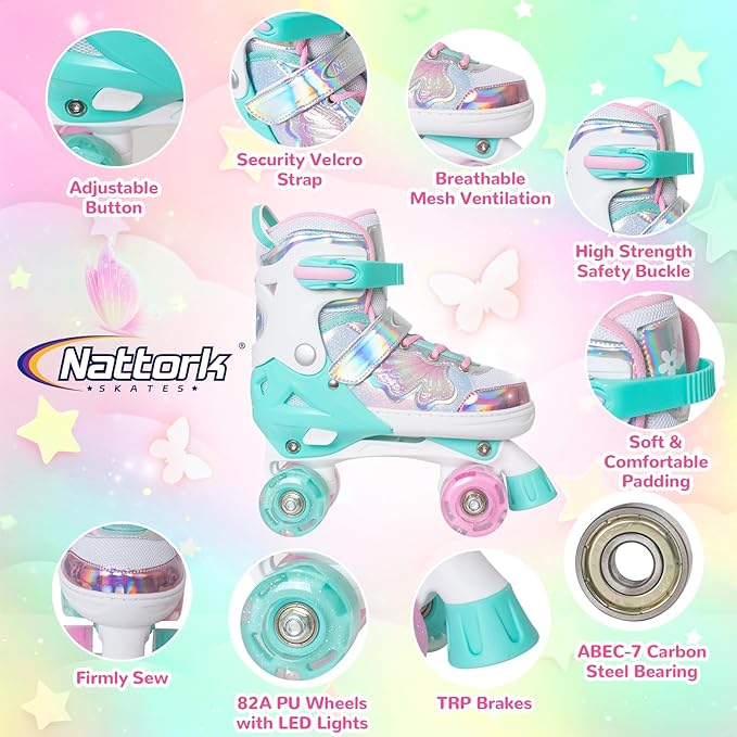 Nattork Kids Roller Skates for Girls Boys Kids, 4 Sizes Adjustable Quad Skates Butterfly and Flower with All Light up Wheels - Birthday Gift for Indoor Outdoor Sports