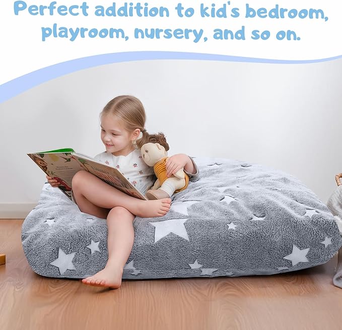 COMAX Kids Bean Bag Chair Turn into Beanbag Bed, Unicorn Toddler Bean Chair for Girl Boy Sleeping, Lazy Children Sofa Couch with Filler, Convertible Child Floor Mattress, Glowing Grey Star