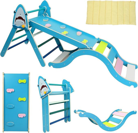 Pikler Triangle Set, Climbing Toys for Toddlers 1-3 Inside with Cushion,9 in 1 Toddler Climbing Toys Indoor, Montessori Foldable Wooden Pikler Triangle Set for Kids 1-3，Gift for Boys and Girls