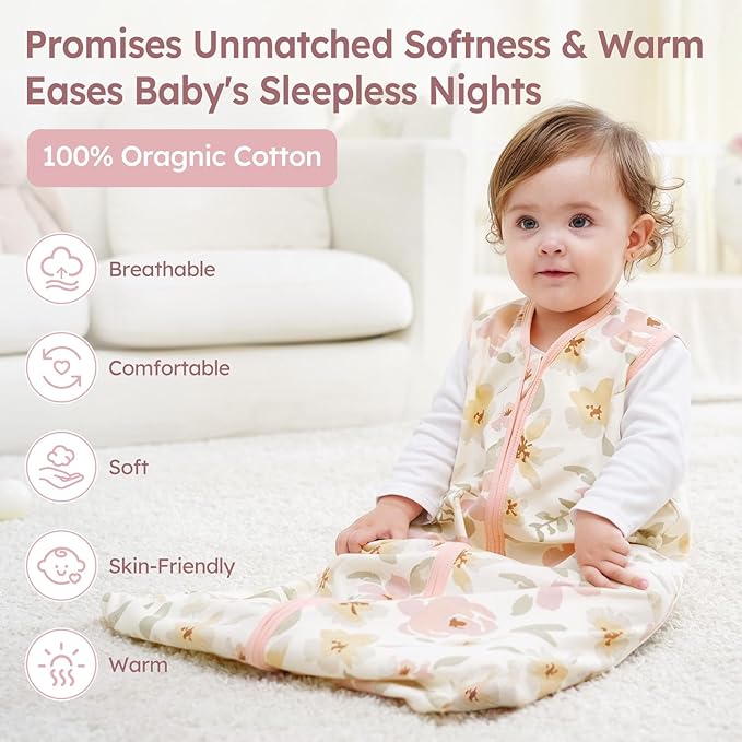 Baby Sleep Sack 0-6 Months 3 Pack 100% Cotton Lightweight 0.5 TOG Wearable Blanket Baby Sleep Bag with 2-Way Zipper for Newborn Infant Pink Flowers & Leaf