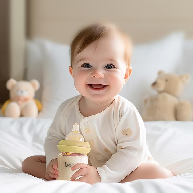 YOHKOH Natural Glass Baby Bottle with Natural Response Nipple, Newborn Anti-Colic Baby Bottles, Wide Neck Mushroom Cap Baby Bottle, Clear (Yellow, 3.4oz (Pack of 2))