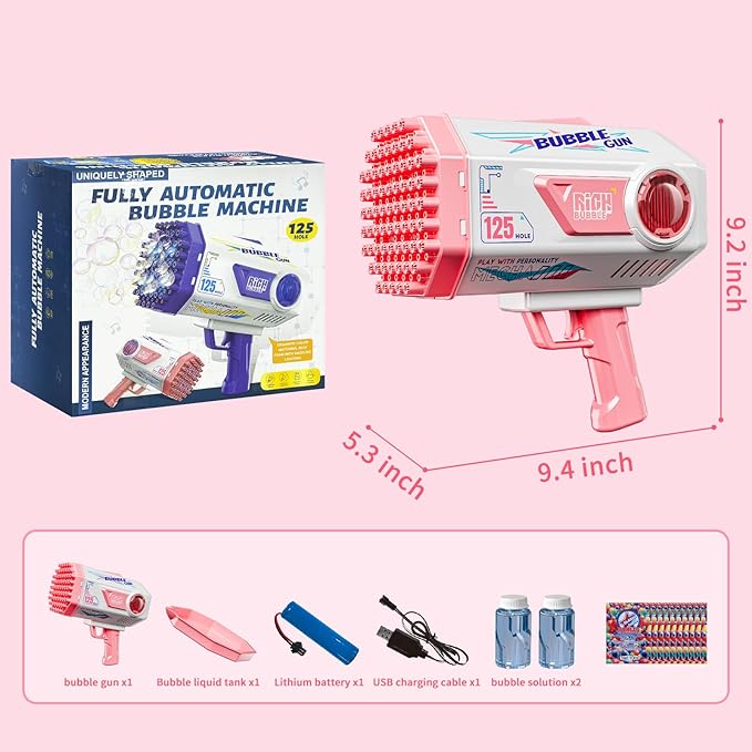 Bubble Gun, Upgraded 125 Holes Bubble Guns for Wedding, Pink Bubble Machine for Kids Age 3 4 5 6 7 8 9 10 11 12 Year Old, Big Bubble Blower Gun with Lights, Halloween Outdoor Party Favors