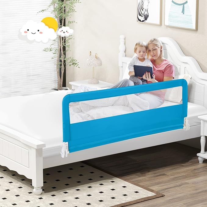 BABY JOY Bed Rails for Toddlers, 59'' Extra Long, Swing Down Bed Guard w/Safety Straps, Folding Baby Bedrail for Kids Twin, Double, Full Size Queen & King Mattress (Blue, 59-Inch)
