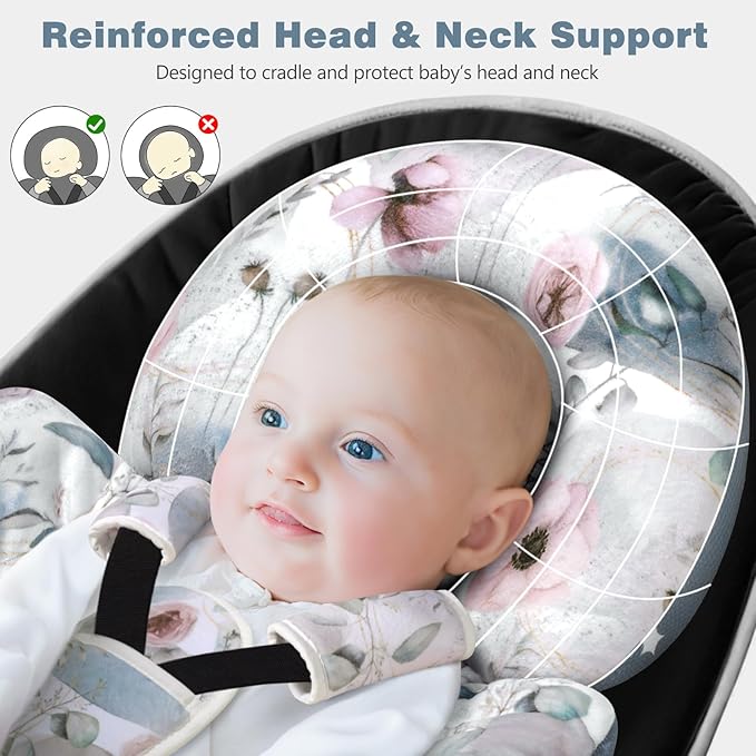 Upgraded Infant Car Seat Insert, 2-in-1 Reversible Baby Car Seat Head Support with 3 Strap Covers, All Seasons Newborn Car Seat Insert and Baby Carseat Cushion for Stroller, Swing, Rocker, Bassinets