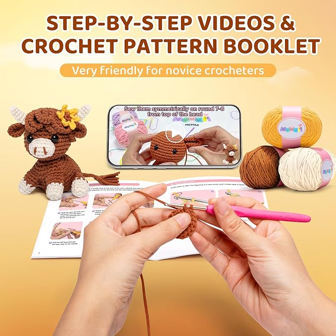 Mewaii Crochet Kit for Beginners Level 3 with 40% Extra Eco-Friendly Pre-Started Easy Yarn, Step-by-Step Video Tutorials for Adults and Kids (Highland Cow)