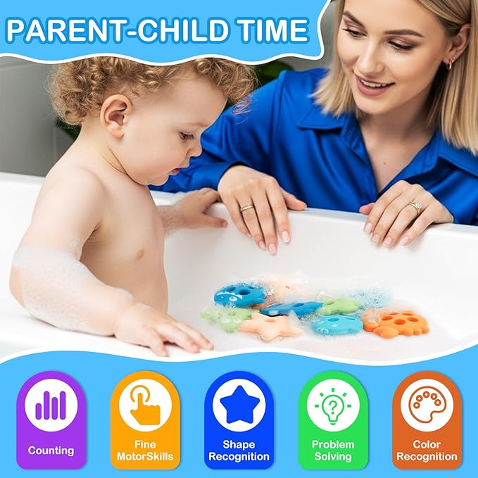 Baby Bath Toys, Mold Free Silcone Shape Sorting & Stacking Bath Toy Set with 10 Cute Floating Pieces, Color & Shape Sorter Toys for Toddler Early Learning Bathtub Fun