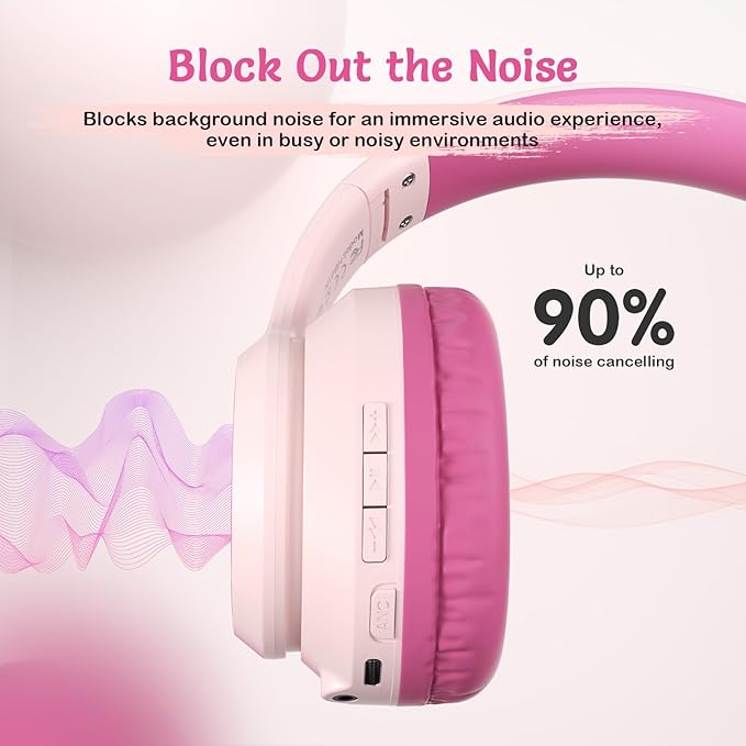 Active Noise Cancelling Headphones for Kids, 60H Playtime, Wireless Bluetooth Over-Ear Blue Headset Built-in Microphone for Home/School/Travel/Party - Includes Portable Case (Pink)
