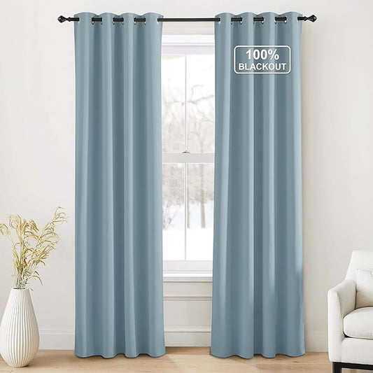 NICETOWN Greyish Blue Blackout Thermal Insulating Window Curtain Panels for Bedroom - Plylux Room Darkening 84 inch Length Grommet Smart Drapes for Living Room (52 x 84 inches Long, 2 Panels)