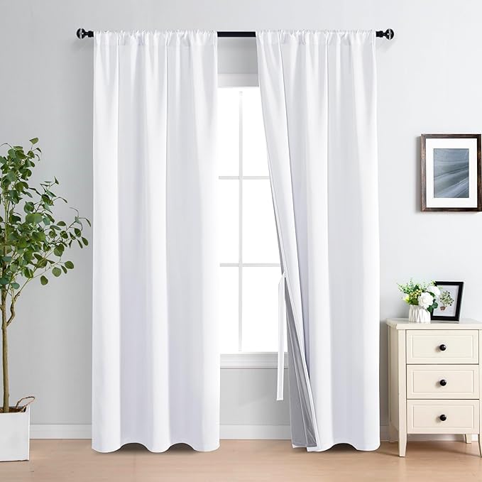 XWZO White Blackout Curtains with Tiebacks - Heat and Full Light Blocking Rod Pocket Window Panels for Bedroom/Nursery, 84 Inches Long Thermal Insulated Draperies, White, W38 x L84, Set of 2