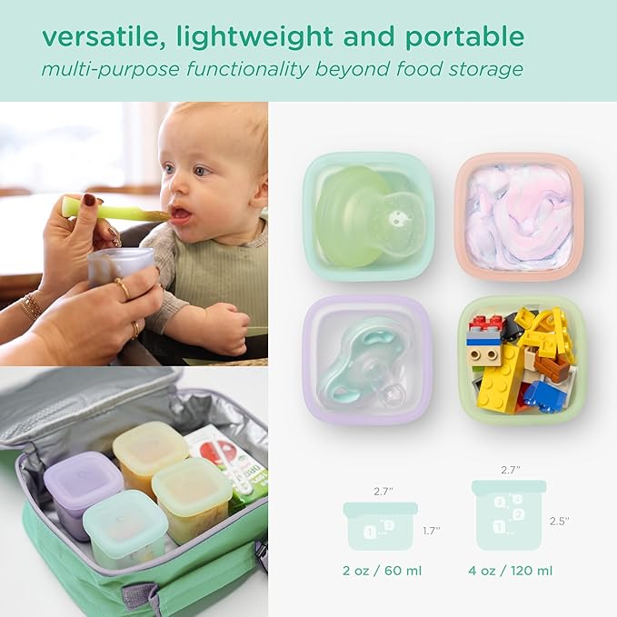 Olababy Clear Sense Silicone Storage Containers 4pk for Baby Food, Snacks, Formula, Puree, Sauce & More | Micro Plastic & BPA-Free | Daycare Essentials for Toddlers and Kids (Kiwi, 2 oz / 60 ml)