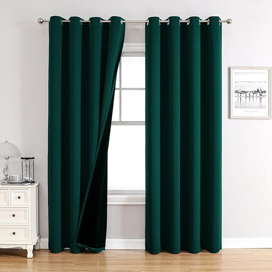 ChrisDowa 100% Blackout Curtains for Bedroom with Black Liner, 2 Thick Layers Total Blackout Thermal Insulated Grommet Window Curtains 2 Panels Set (Forest Green, 52 x 84 Inch)