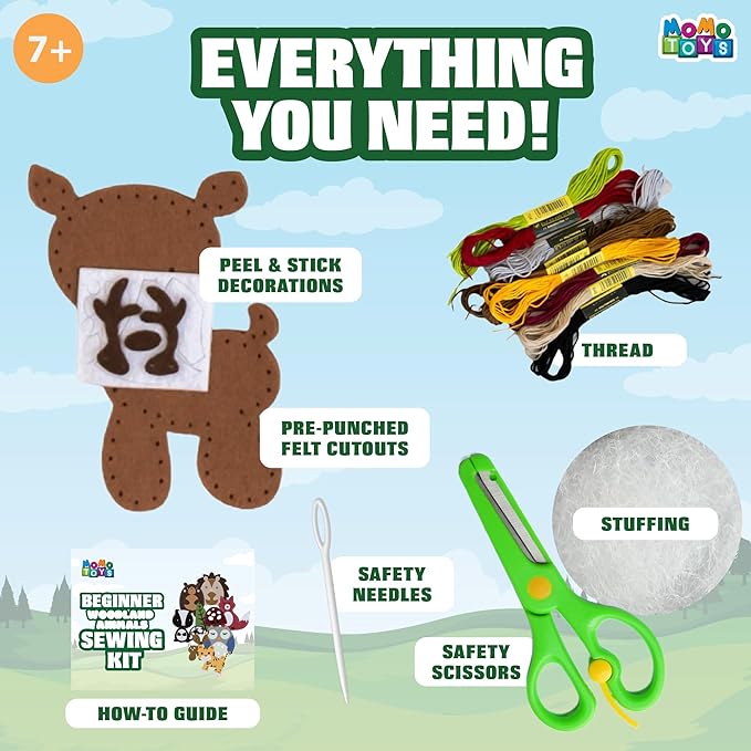 MOMOTOYS Woodland Animals Beginner Sewing Kit for Kids Ages 7+ – Includes 9 Kids Sewing Projects w/Tools & Art Supplies – DIY Felt Crafts for Girls & Boys – Craft Gift for 8, 9, 10, 11, 12 Year Old