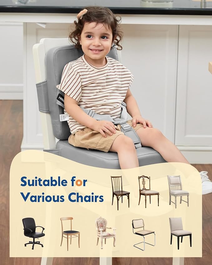 HOMEAL Booster Seat for Kitchen Chair - Compact Toddler Dining Seat with Easy-Install Straps & Wipeable Surface - Breathable Fabric Booster Seat for Table - Light Gray