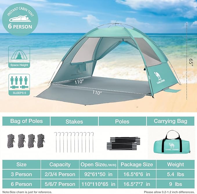 CAMEL CROWN Beach Tent UPF 50+ Sun Shelter for 2/3/5/6 Person, Lightweight Portable Sun Shade with Sand Anchor, Family Beach Day & Outdoor Adventures