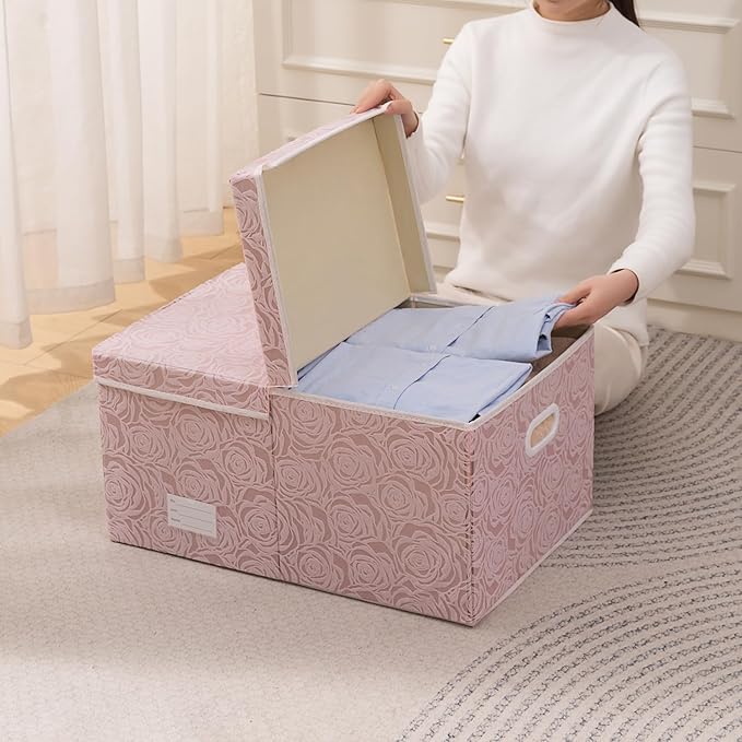 PRANDOM Extra Large Collapsible Storage Boxes with Lids Fabric Decorative Storage Bins Cubes Organizer Baskets with Cover Handles Divider for Bedroom Closet Living Room 19.7x15.7x11.6 Inch 3 Pack