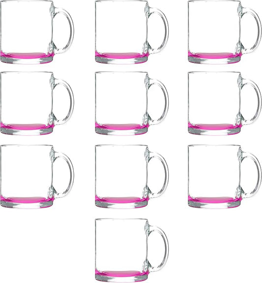 Libbey Clear Glass Coffee Mugs 13 oz. Set of 10, Bulk Pack - Perfect for Coffee, Tea, Espresso, Hot Cocoa, Other Beverages - Pink Bottom