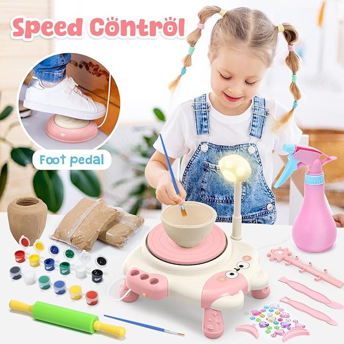 Skirfy Pottery Wheel for Kids Beginners with Light,Arts and Crafts for Kids Ages 8-12,Ceramic Wheel with Painting Kit, Adjustable Speed,Birthday Christmas Thanksgiving Gift for Girls Boys Age 6+