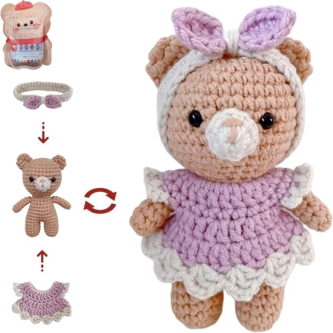 LoopMap Crochet Kit for Beginners - DIY Amigurumi Bear with Removable Dress & Accessories - Step-by-Step Video Tutorials, Extra Yarn, Crochet Tools, Handmade Gift for Kids & Adults (Bear K01, Purple)