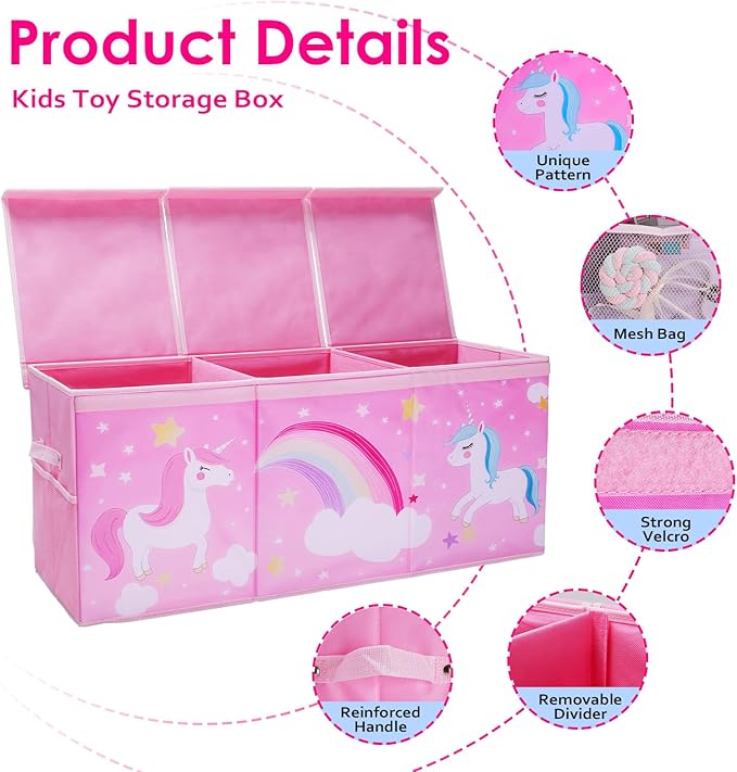 Unicorn Extra Large Toy Box Chest with Flip Lid for Kids, Collapsible Oxford Toy Storage Box with Handles Mesh Pockets, Sturdy Waterproof Toy Box for Bedroom Playroom, 37.7×12.5×15.7 Inch