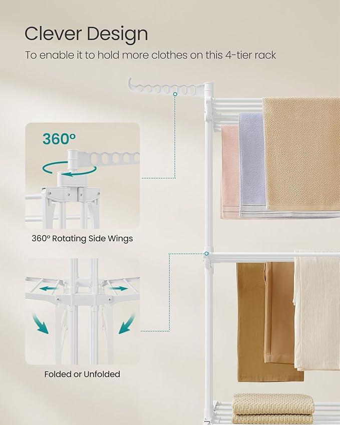 SONGMICS Clothes Drying Rack Stand 4-Tier, Foldable Laundry Drying Rack 68.1-Inch Tall, Stainless Steel, Rolling Clothes Horses Dryer Rack, Easy to Assemble, Indoor Outdoor Use, Cloud White ULLR701W03