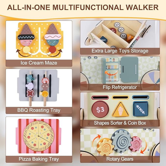 Wooden Baby Walker, Baby Push Walker, Montessori Kitchen Walker Toy, Push and Pull Learning Activity Walkers, Baby Walker with Wheels for Boys&Girls 12 Months, Baby Walker Push Toy Gifts for Toddler