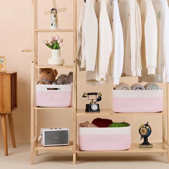 Large Storage Baskets for Shelves, Closet Organizers Bins for Clothes Blanket Towels, Baby Nursery, Toy Baskets Box, Woven Rope Baskets, 17 x 13 x 7.5”, 3 Packs Woven Pink