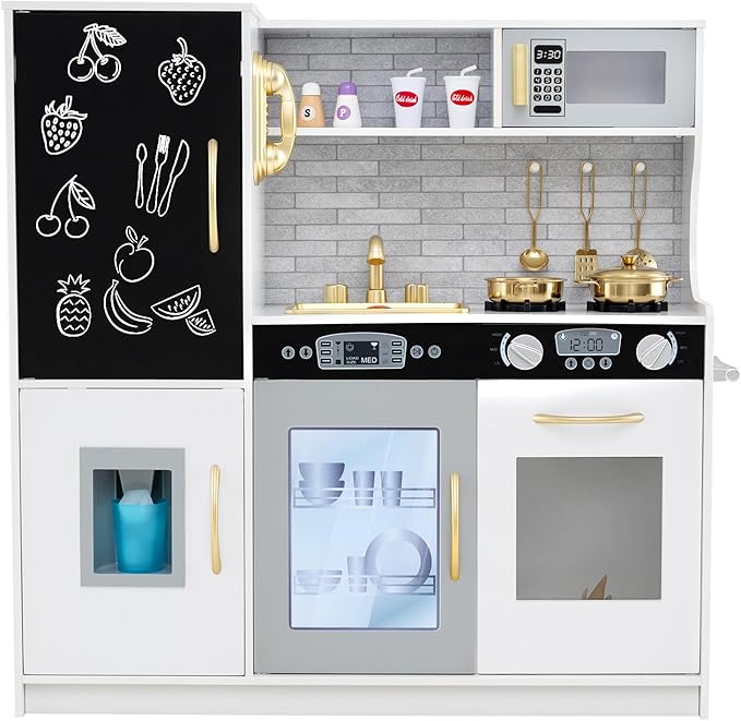 HONEY JOY Kids Kitchen Playset, Wooden Little Chef Pretend Toy Kitchen Set w/Chalkboard, Telephone, Utensils, Oven, Microwave, Sink, Storage, Play Kitchen for Toddlers Boys Girls, White Golden