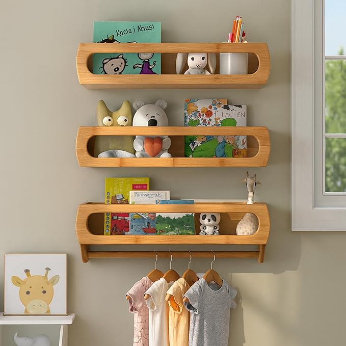 Bamboo Nursery Book Shelves, Fully Assembled For Easy Use - Set of 3 Floating Shelves for Wall Kids, Wall Mounted Book Shelves For Kids Room, Baby Room, Toddler Room, Nursery Decor, 16.5 Inch Natural