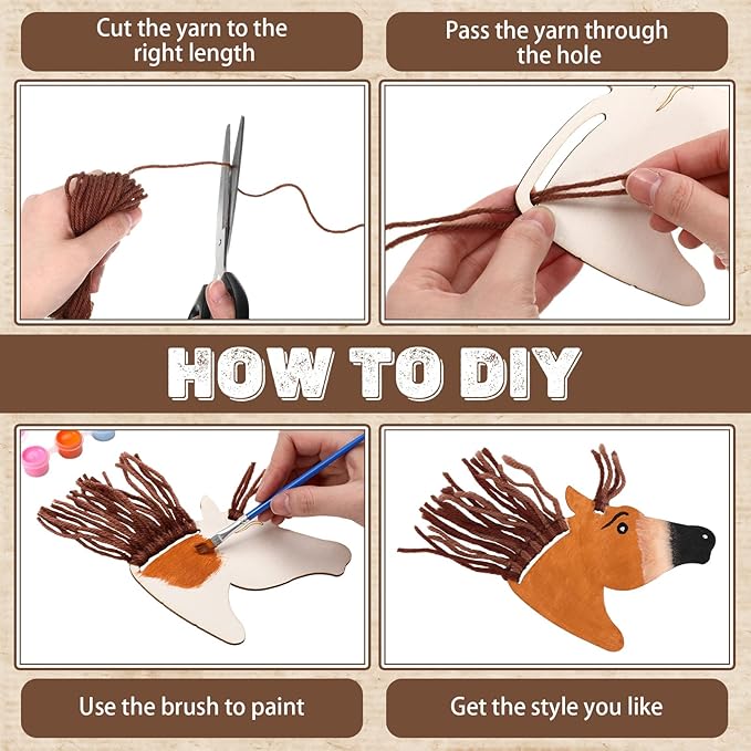 Geelin 24 Pcs Christmas Wooden Horse Craft Western Ornament Unfinished Wooden Cutouts Horse Painting Kit Unicorn Ornament DIY Cowboy Craft Paint Your Own Art for Christmas Party Favors(Classic)