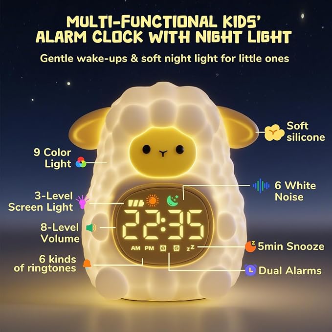 TCJJ Kids Sleep Training Alarm Clock with Night Light - OK to Wake Clock & Sound Machine, Rechargeable Silicone Animal Lamp for Boys Girls Bedroom