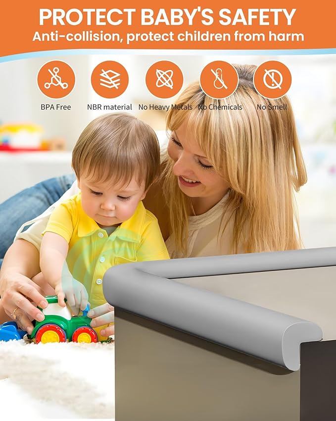Baby Proof Edge Corner Protector, 16.4FT 0.47''Th L-Shape Furniture Corner & Edge Safety Bumpers with 10 Corners, Pre-Taped, Soft NBR Rubber Foam Desk Edge Cushion Wall Corner Protector (Grey)