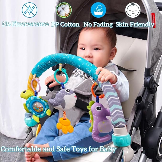 Baby Stroller Arch Toy, Clip On Arch Mobile for Bassinet with Universal Clamps, Activity Toy Bar for Bouncer Musical Crib Mobile Toys for Infants Car Seat Toys Rattle Turtle Music Whale