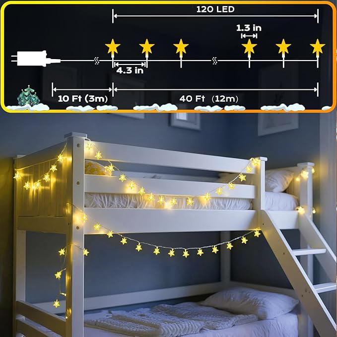 120 LED 40FT Star String Lights, 8 Modes Plug in Star Lights with Timer & Memory, Indoor Outdoor Christmas Twinkle Light for Birthday Party Bedroom Wedding Home Classrom Decor Warm White