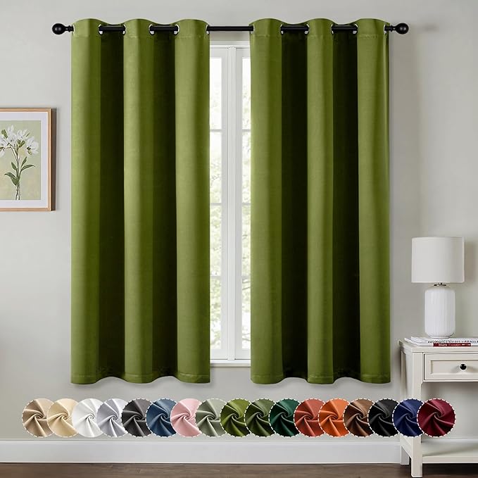 MIULEE Light Olive Green Blackout Curtains for Bedroom Living Room 63 Inches Long 2 panels, Thermal Insulated Room Darkening Drapes Grommet Top Noise Reducing Light Blocking Window Curtains 40x63 Inch