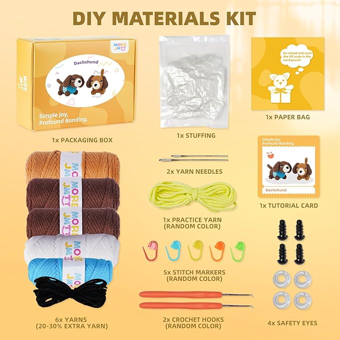 MOREJMTT Crochet Kit for Beginners, Learn to Crochet, Include Easy Knitting Soft Yarn, Step-by-Step Video Tutorial, Hook, Holiday Birthday Gift for Adults and Kids(Sausage Dog)